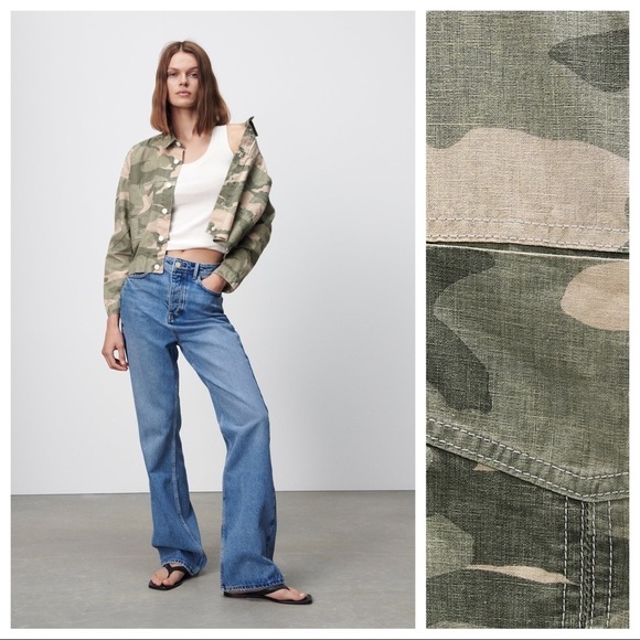 NWT. Zara Green Camouflage Linen Blend Cropped Jacket. Size S, M. - Picture 4 of 9